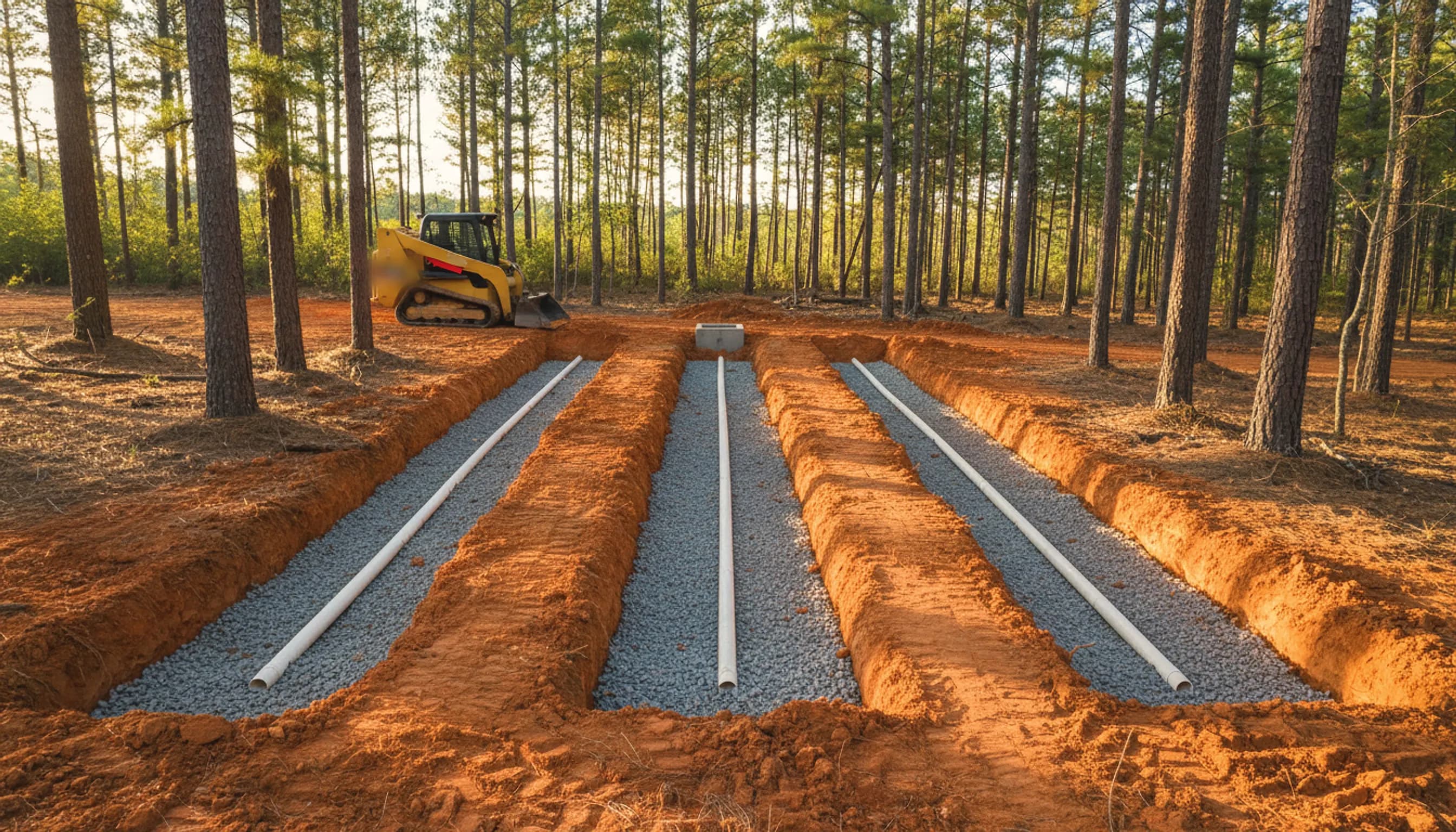 Three parallel drain field trenches of washed gravel and white pipe cut into red clay in a pine woods lot, a compact track loader behind.